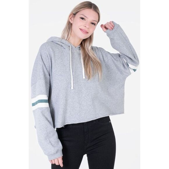 ✨American Eagle Heather Grey Striped Sleeves Sz Small Hoodie✨ - Picture 1 of 6